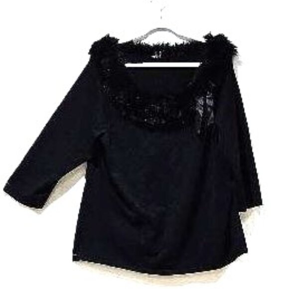 70s Retro Vintage INC BLACK BOATNECK FAUX FUR TRIM SWEATER 16/18 - Picture 2 of 5